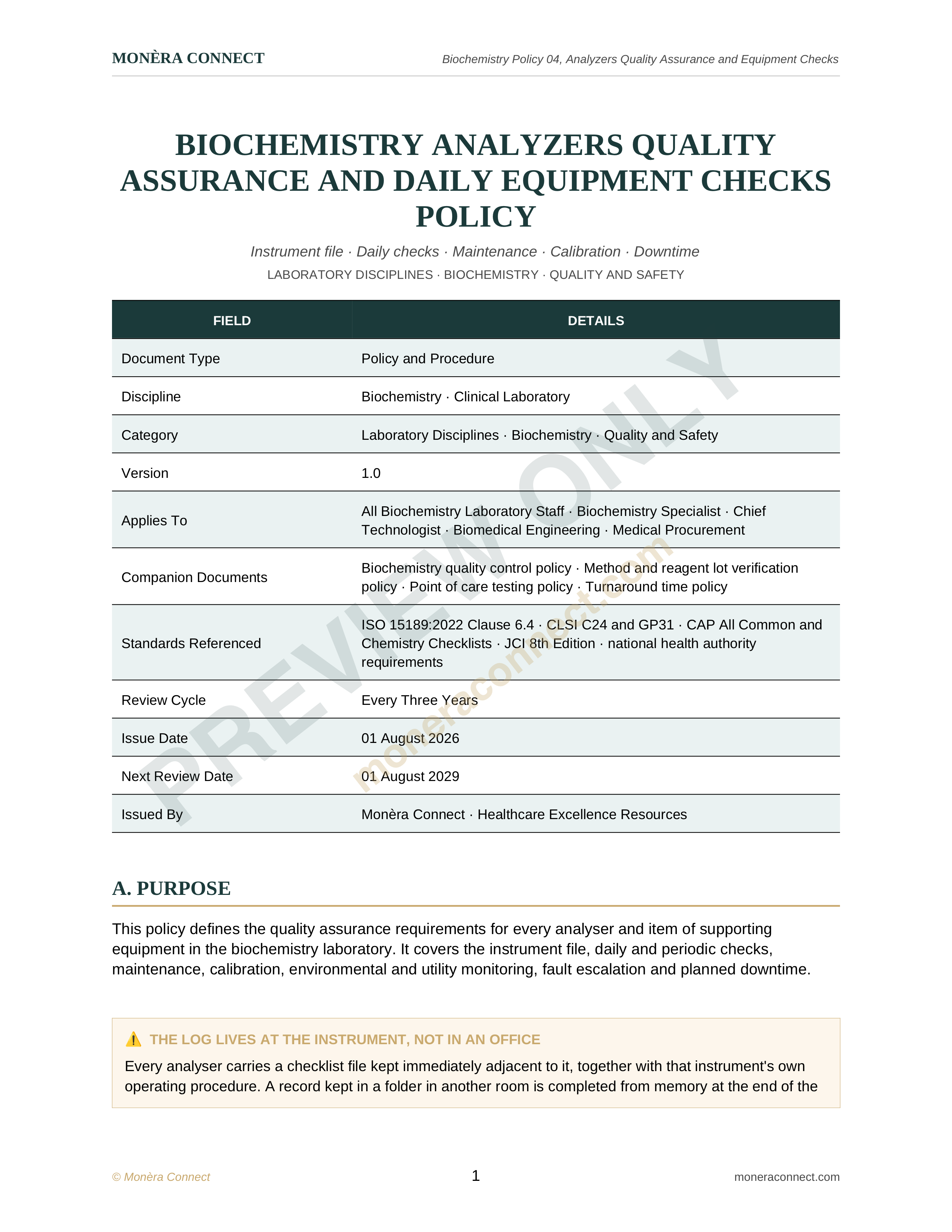 Biochemistry Analyzers Quality Assurance and Daily Equipment Checks Policy