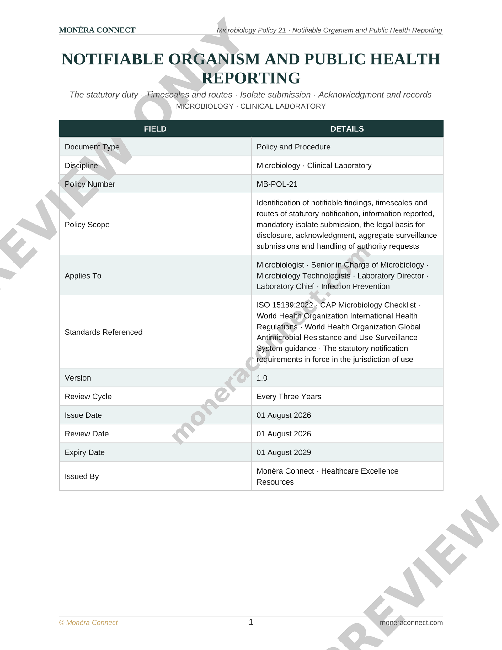 Microbiology Notifiable Organism and Public Health Reporting Policy