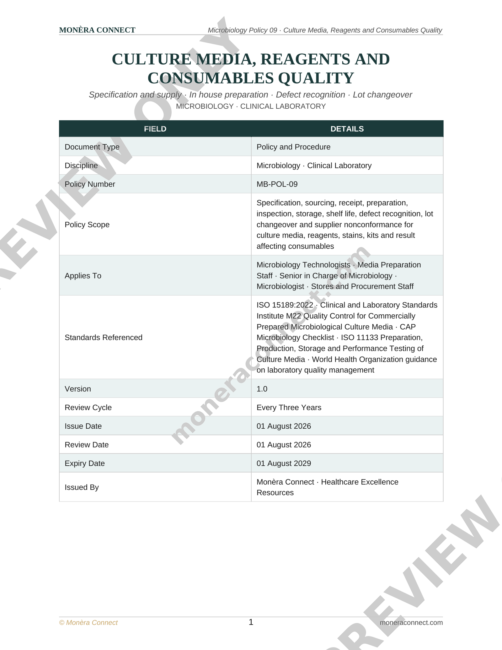 Microbiology Culture Media, Reagents and Consumables Quality Policy
