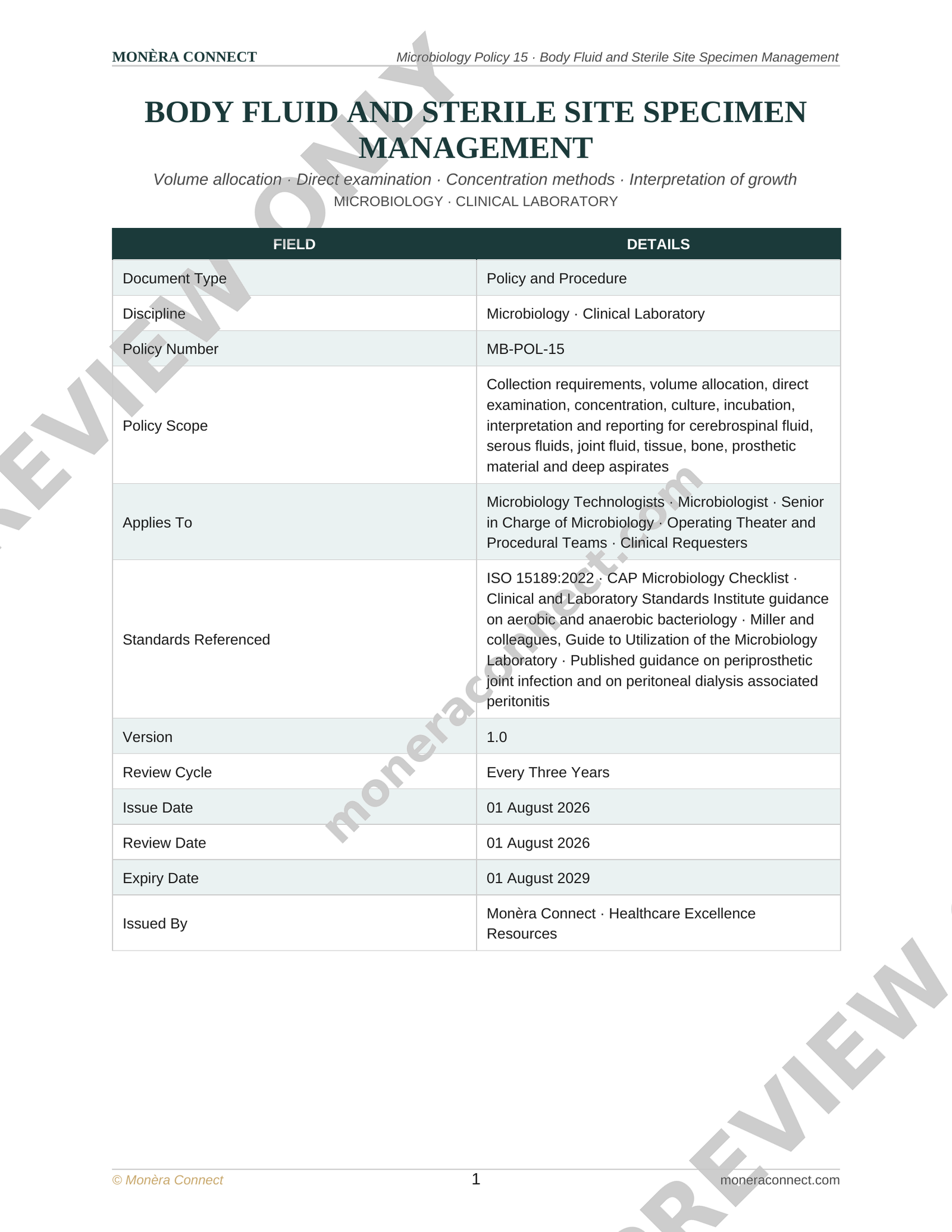 Microbiology Body Fluid and Sterile Site Specimen Management Policy