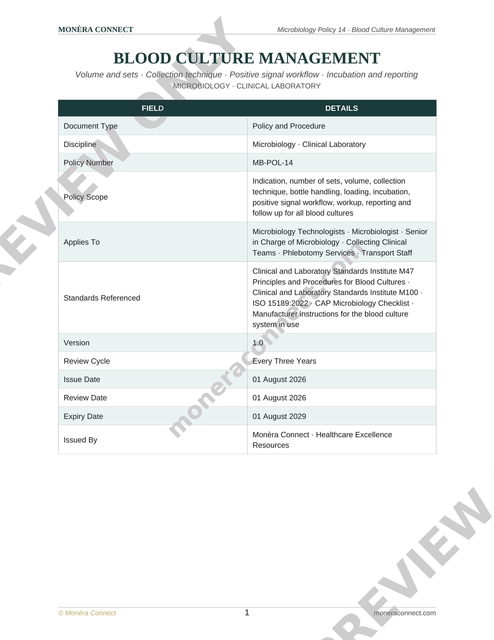 Microbiology Blood Culture Management Policy