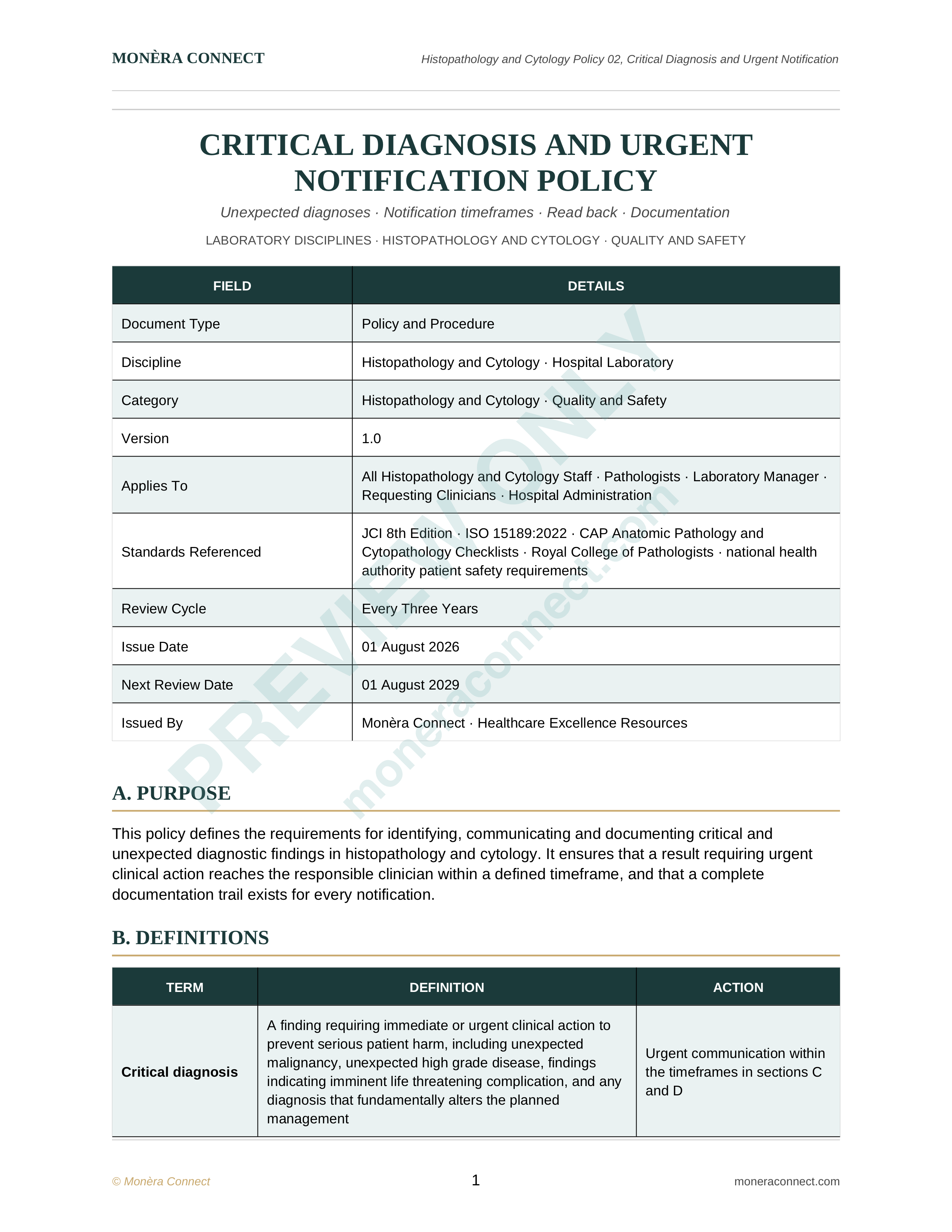 Critical Diagnosis and Urgent Notification Policy
