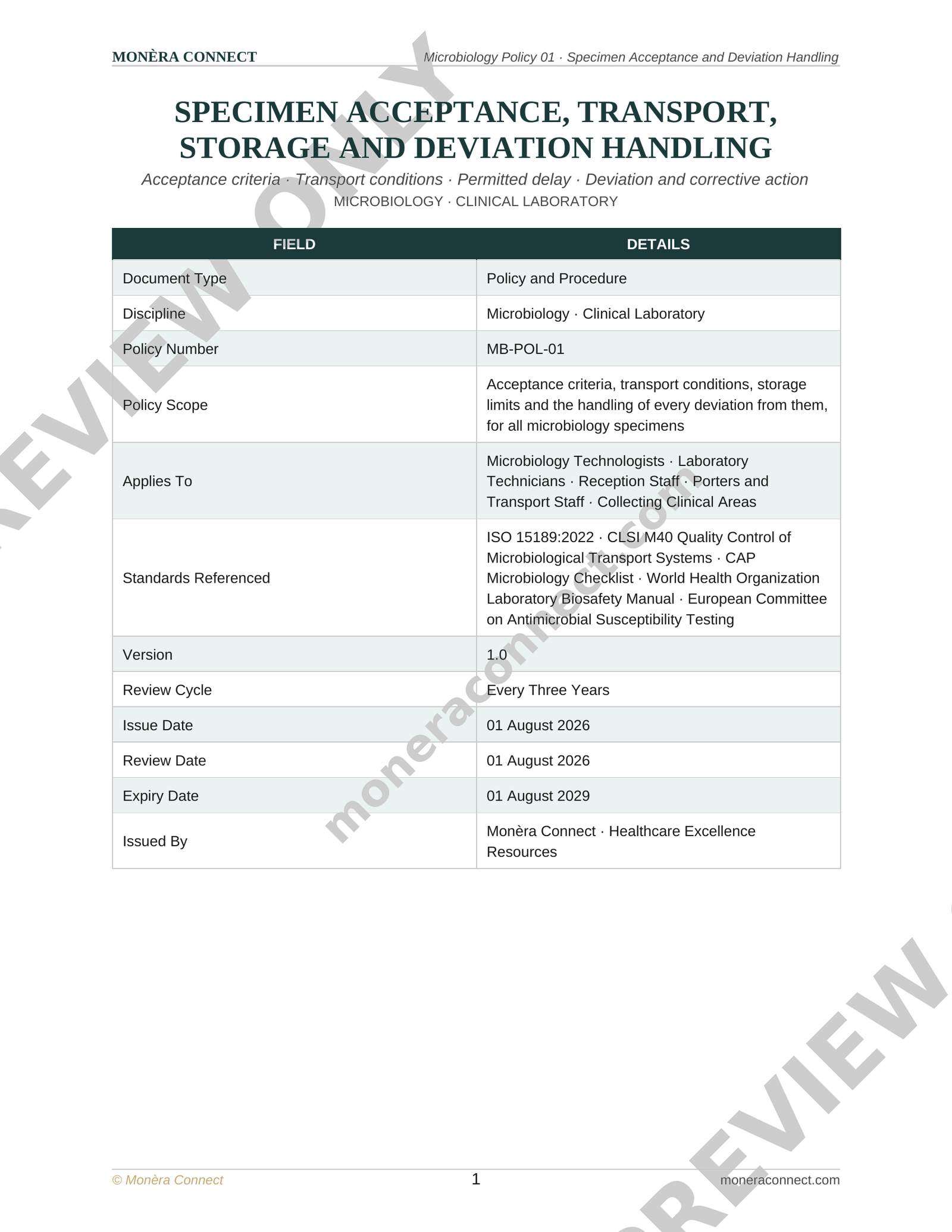 Microbiology Specimen Acceptance, Transport and Deviation Handling