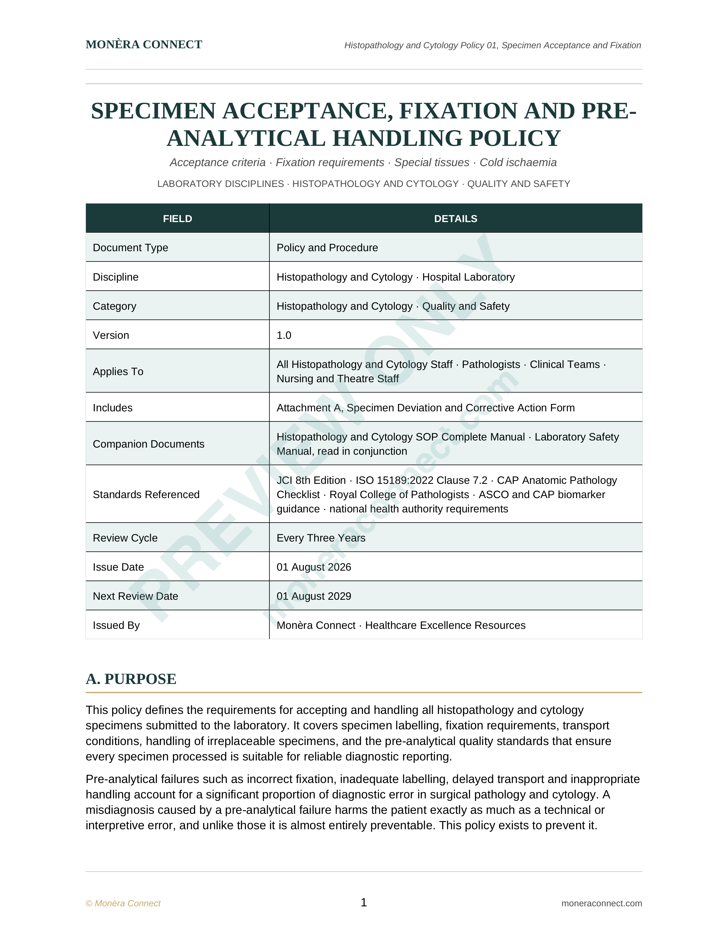 Specimen Acceptance, Fixation and Pre-Analytical Handling Policy
