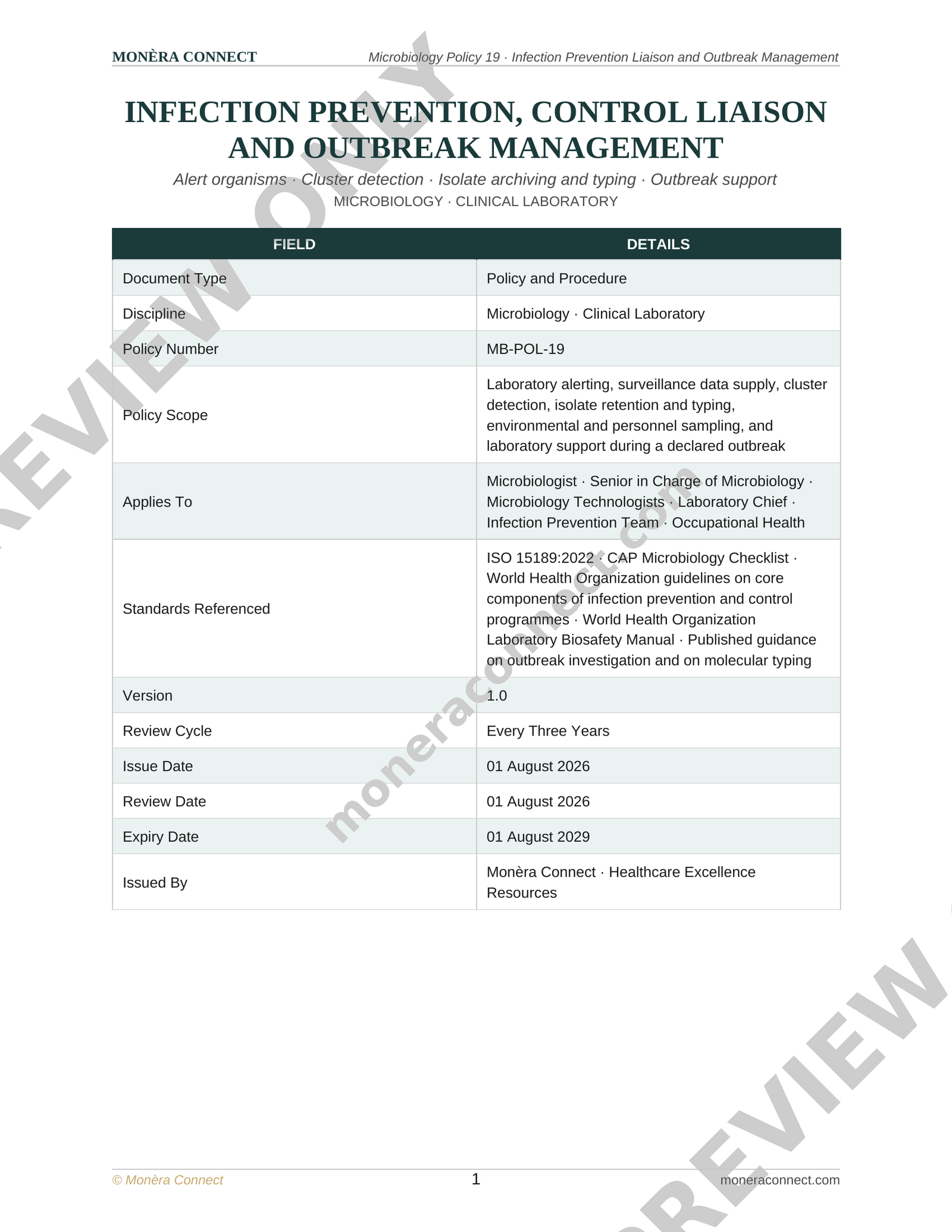 Microbiology Infection Prevention Liaison and Outbreak Management Policy