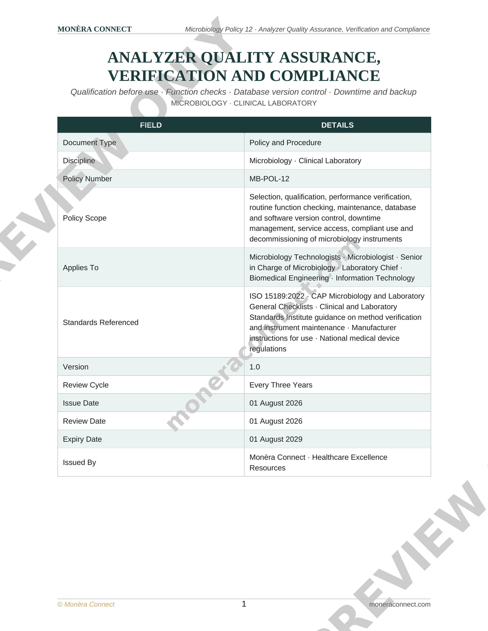 Microbiology Analyzer Quality Assurance, Verification and Compliance Policy