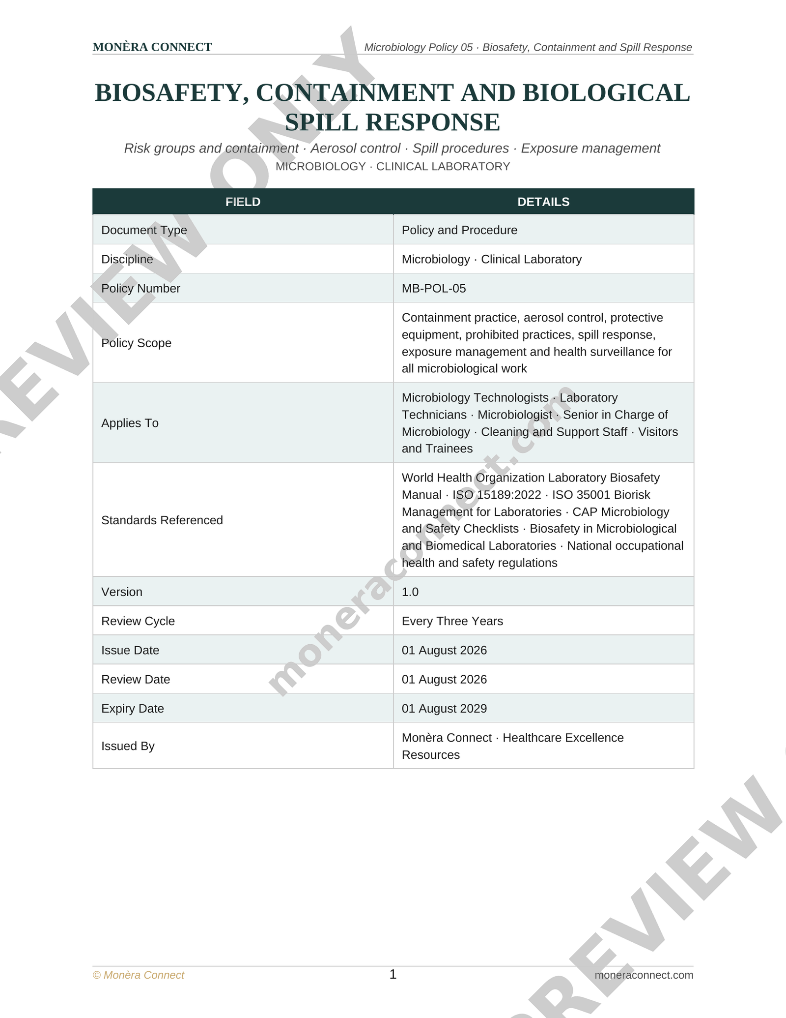 Microbiology Biosafety, Containment and Spill Response Policy
