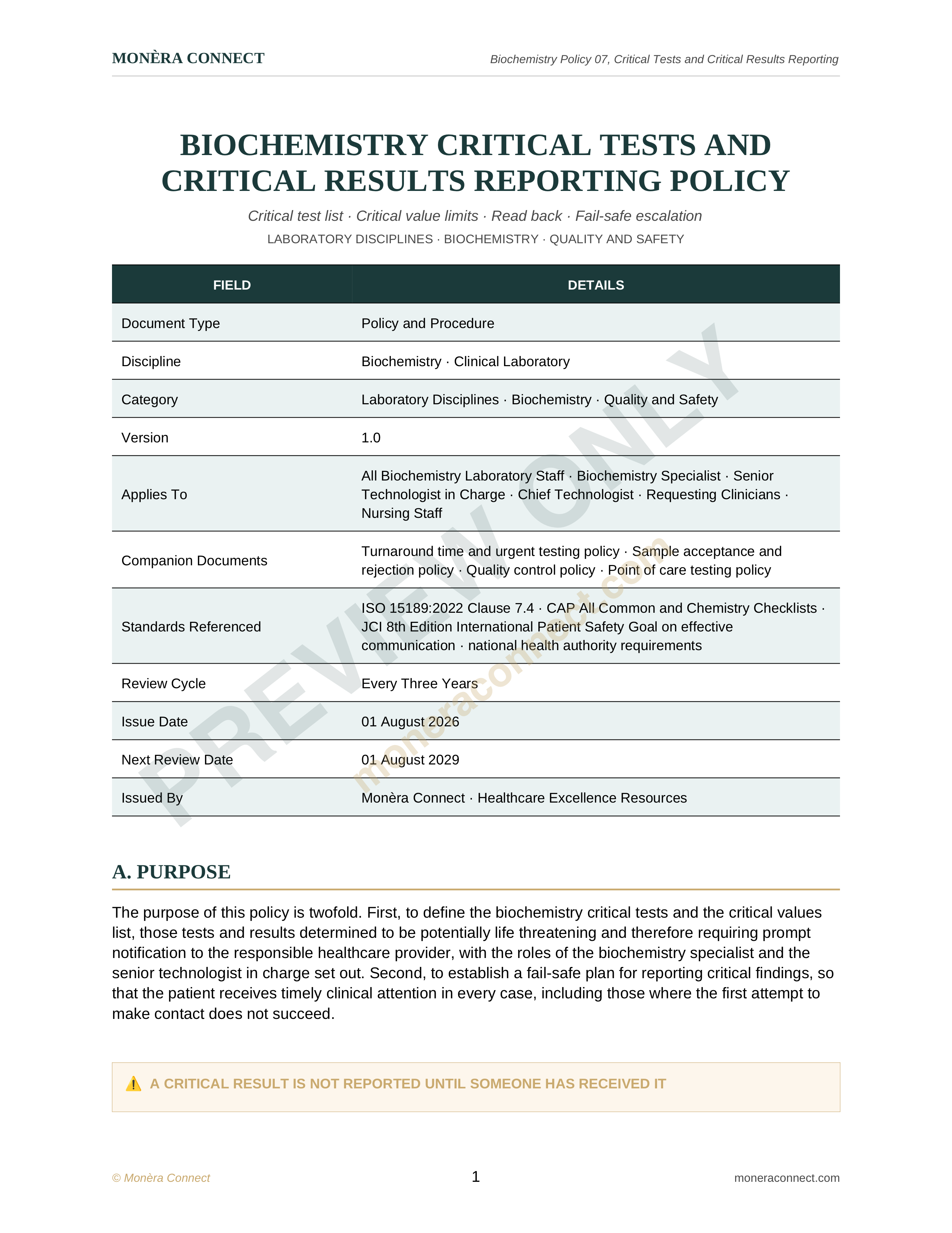 Biochemistry Critical Tests and Critical Results Reporting Policy