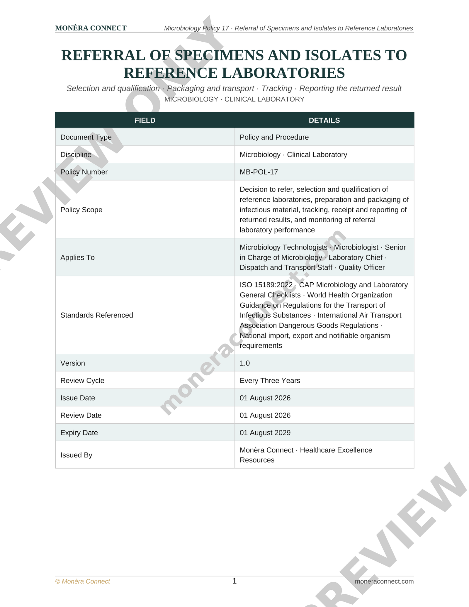 Microbiology Referral of Specimens and Isolates to Reference Laboratories Policy