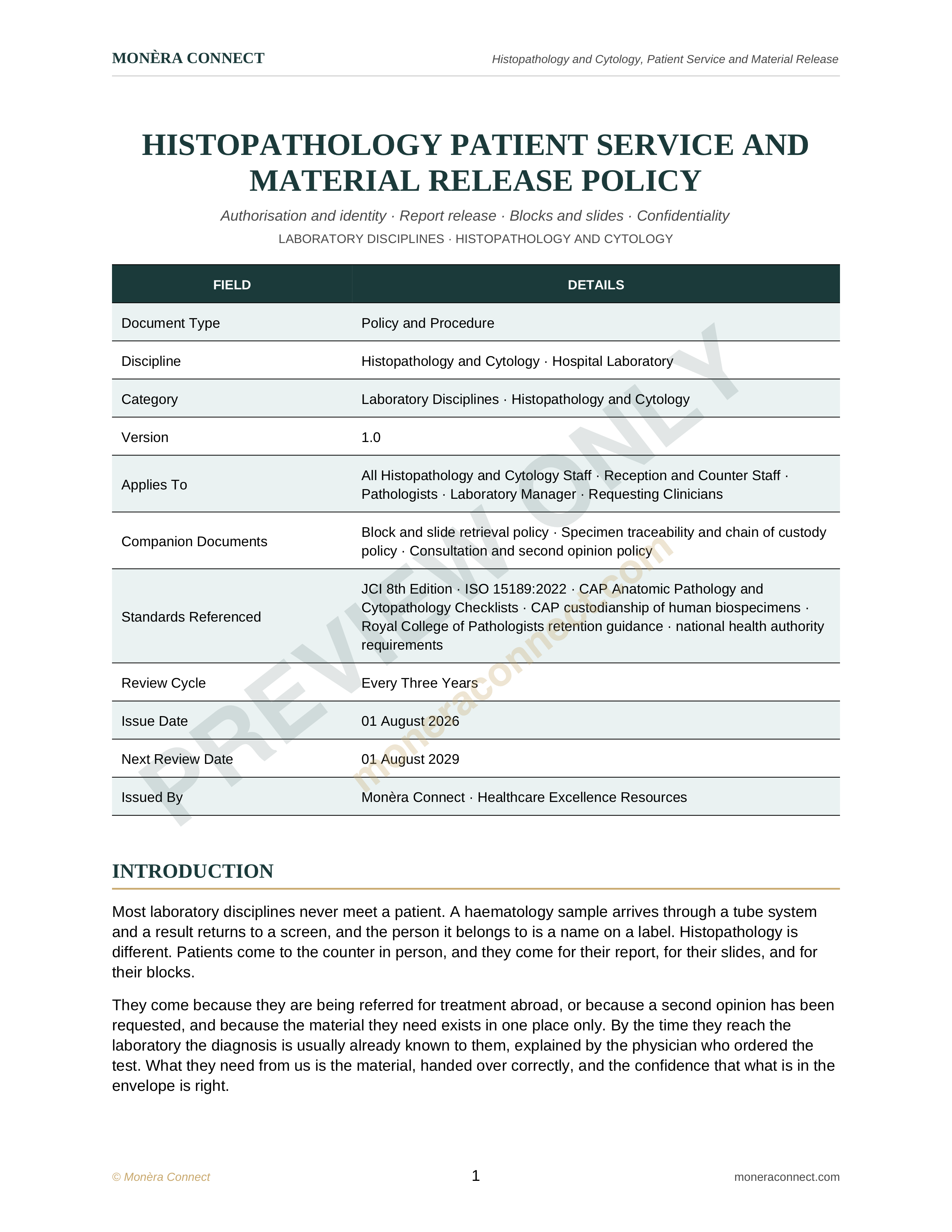 Histopathology Patient Service and Material Release Policy