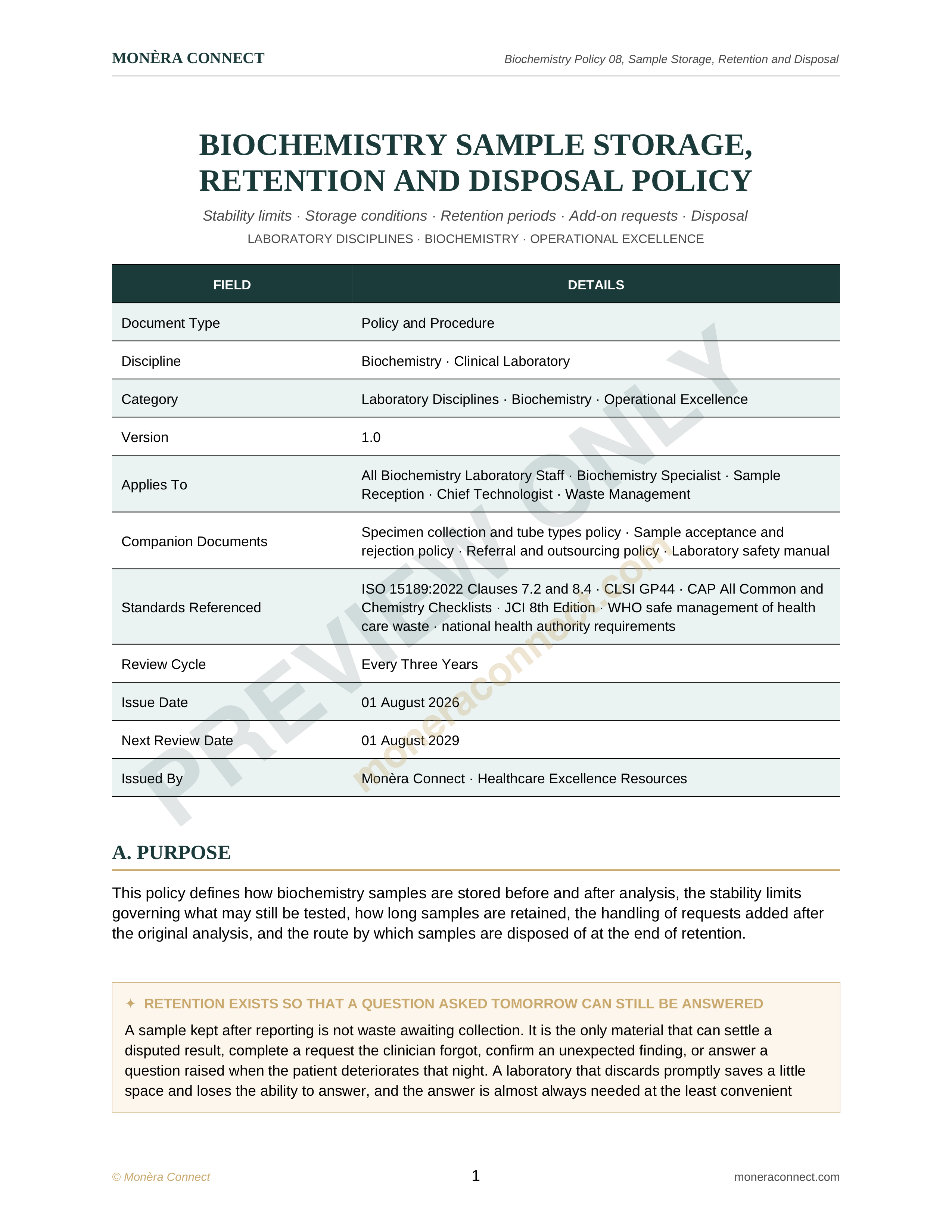 Biochemistry Sample Storage, Retention and Disposal Policy