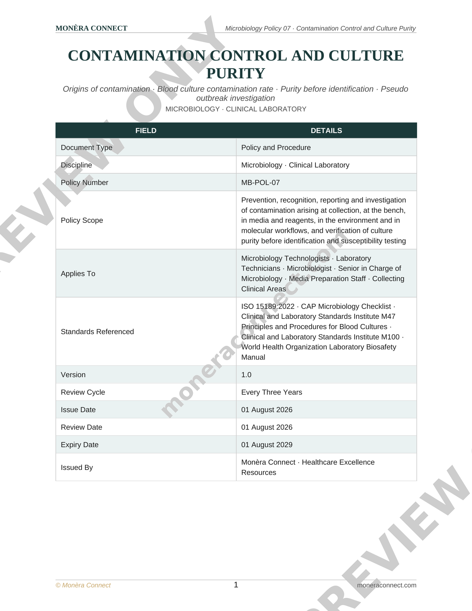Microbiology Contamination Control and Culture Purity Policy
