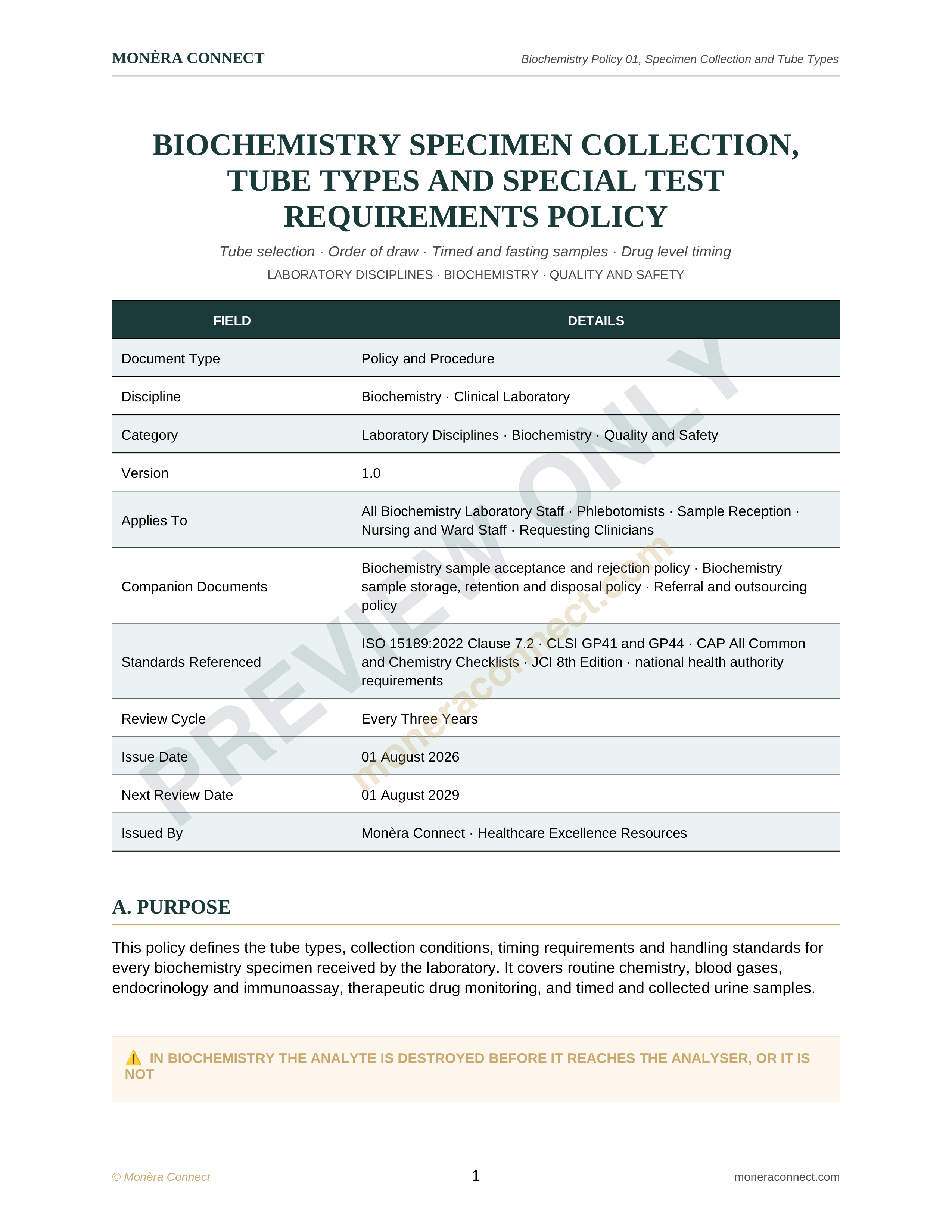 Biochemistry Specimen Collection, Tube Types and Special Test Requirements Policy