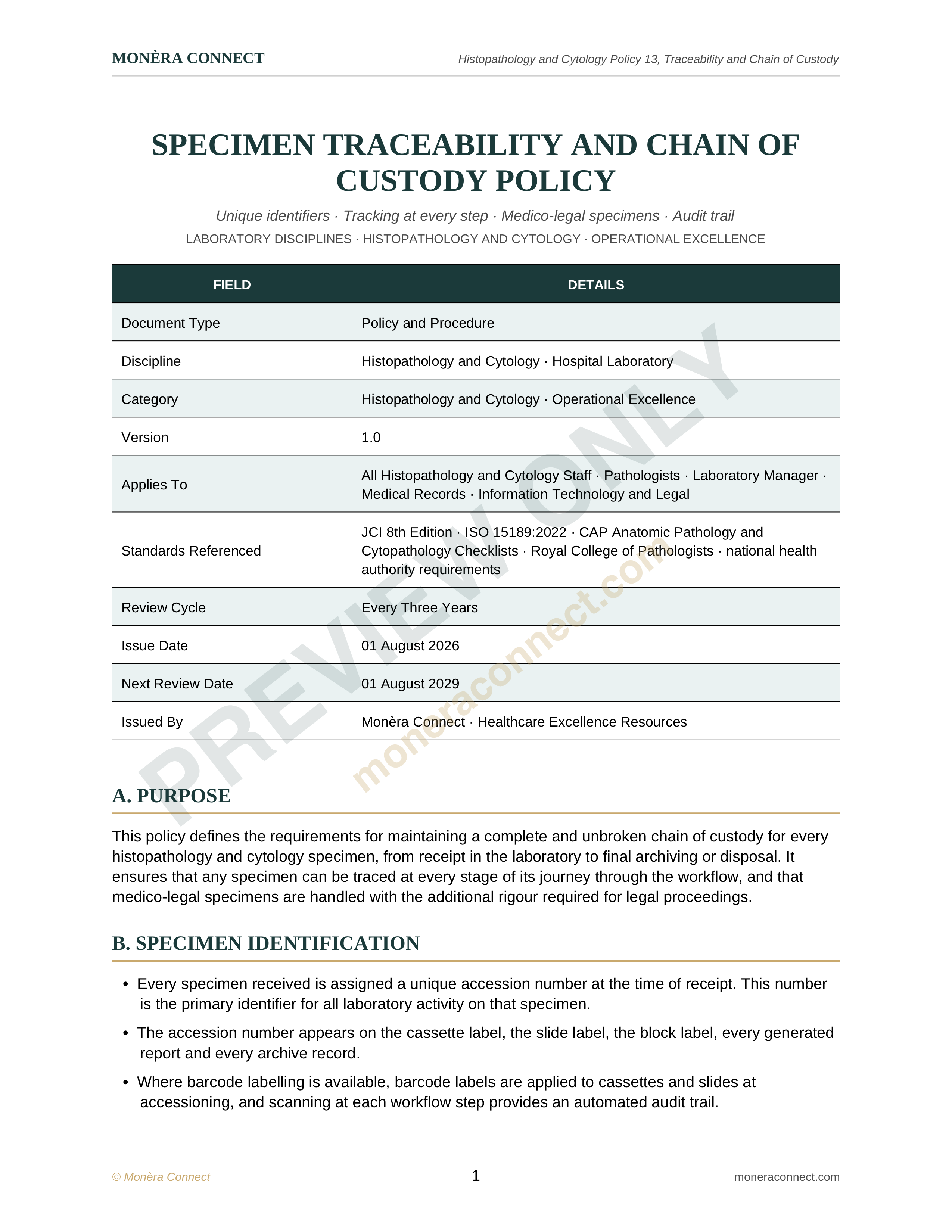 Specimen Traceability and Chain of Custody Policy